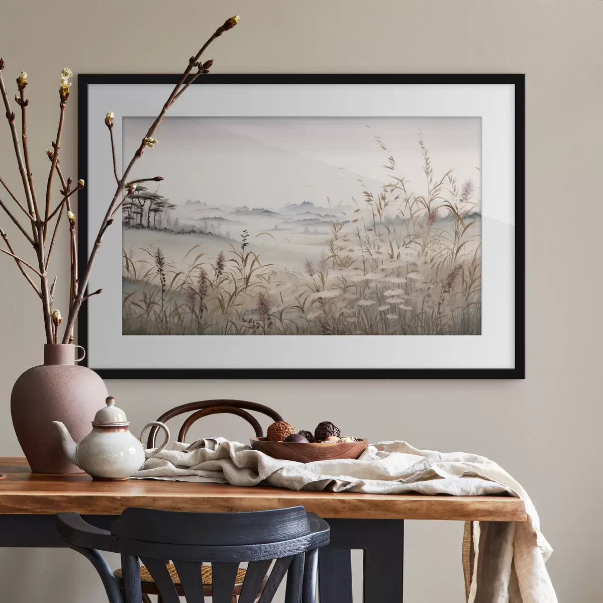 Poster Nebelverhangene Landschaft mit Gräsern f48481