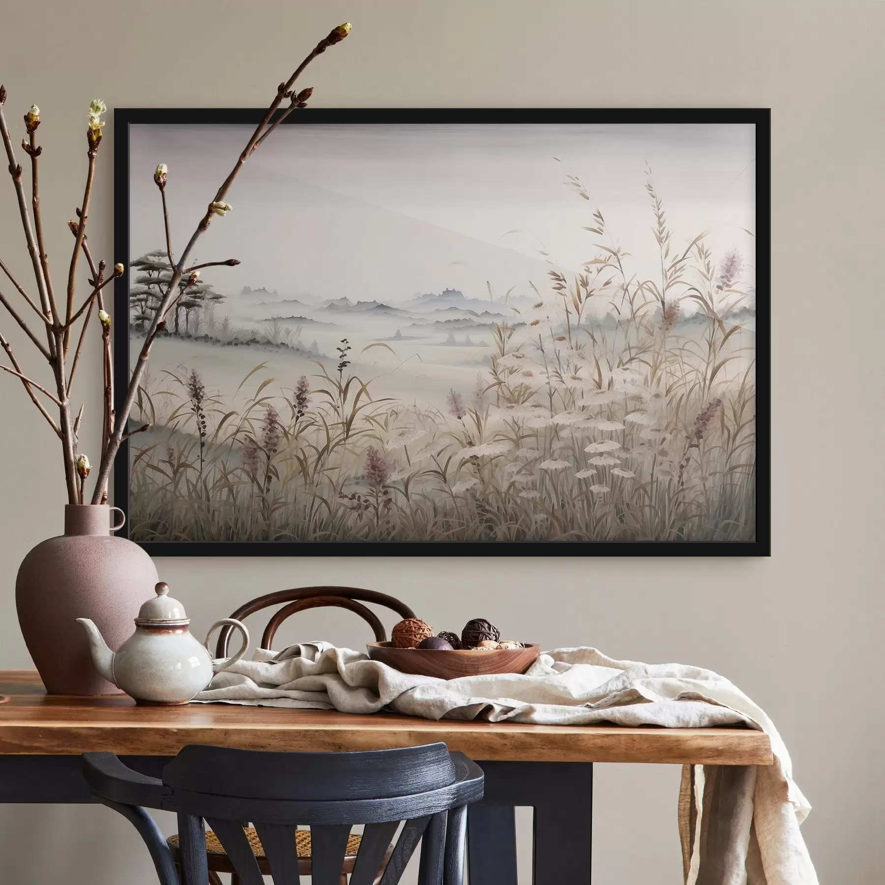 Fototapete Nebelverhangene Landschaft mit Gräsern f48481