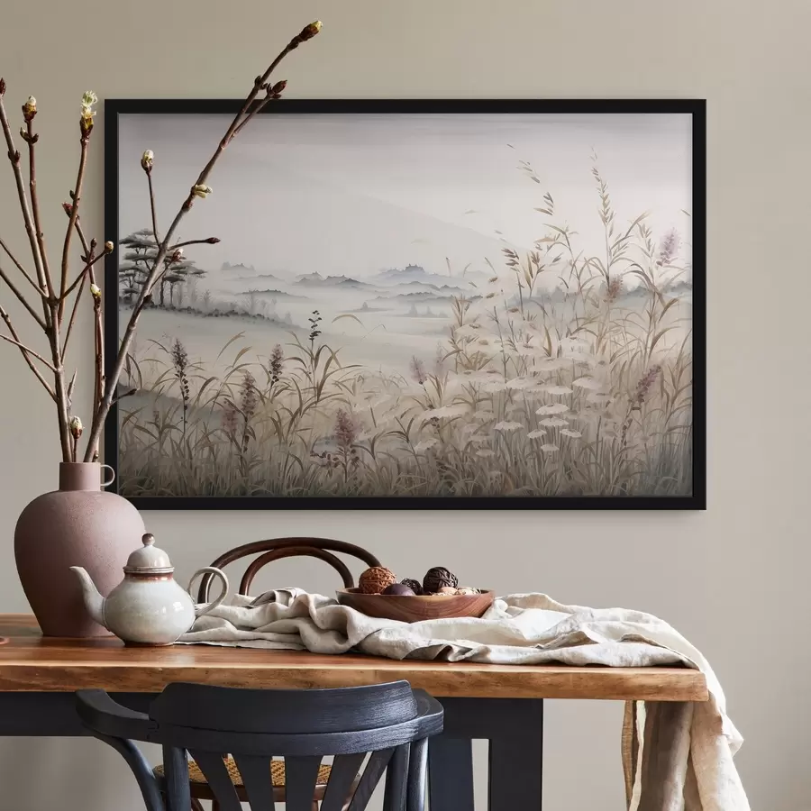 Fototapete Nebelverhangene Landschaft mit Gräsern f48481