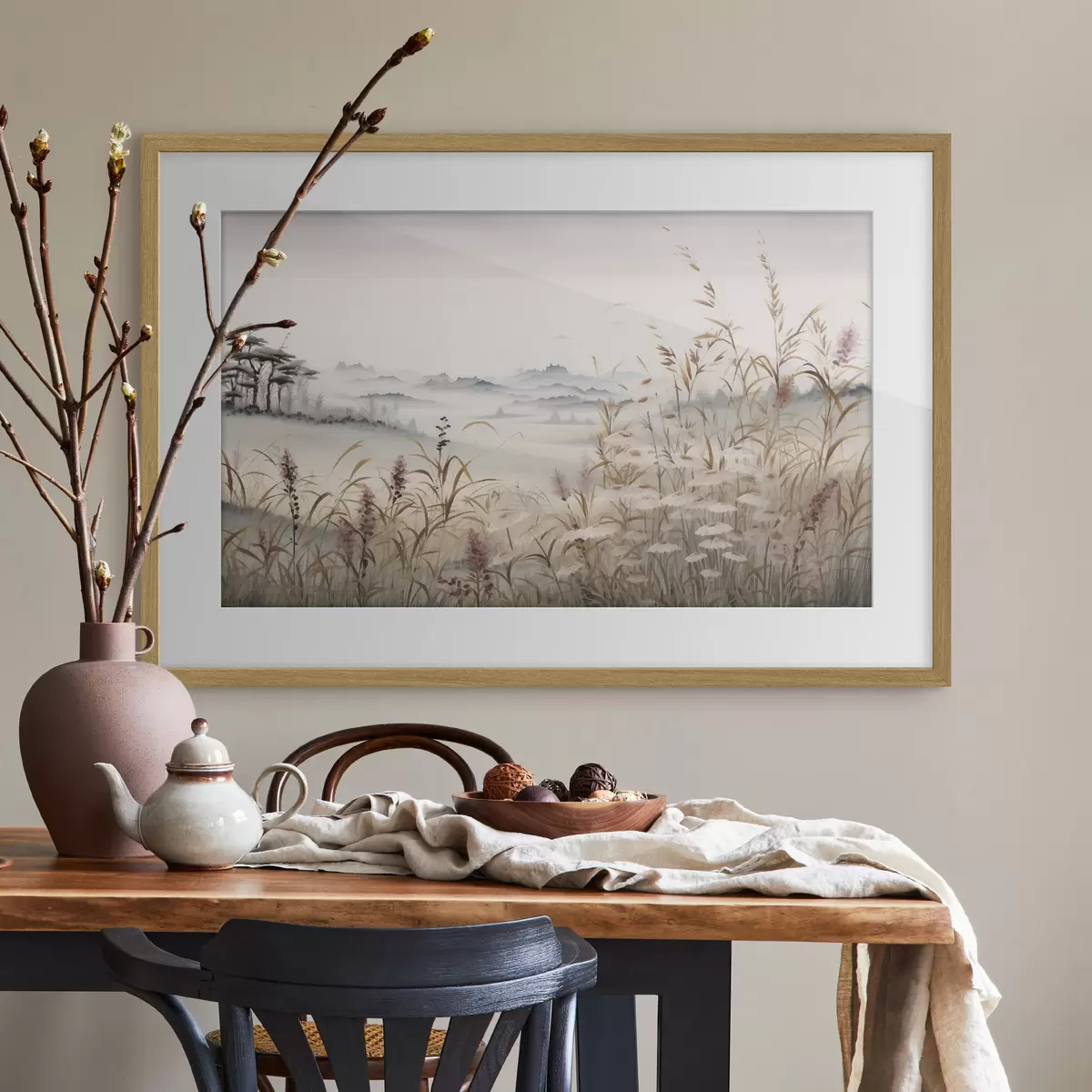 Poster Nebelverhangene Landschaft mit Gräsern f48481