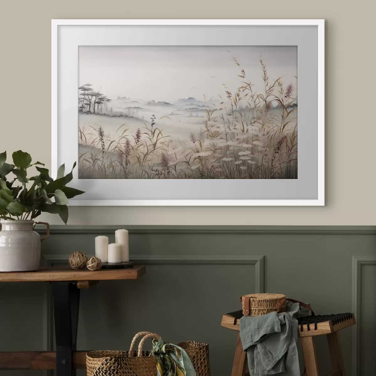 Poster Nebelverhangene Landschaft mit Gräsern f48481
