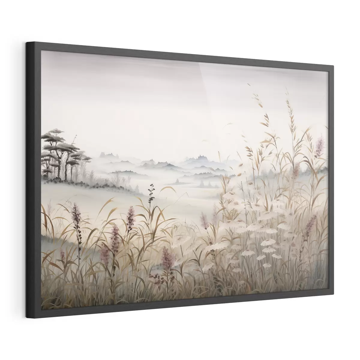 Poster Nebelverhangene Landschaft mit Gräsern f48481