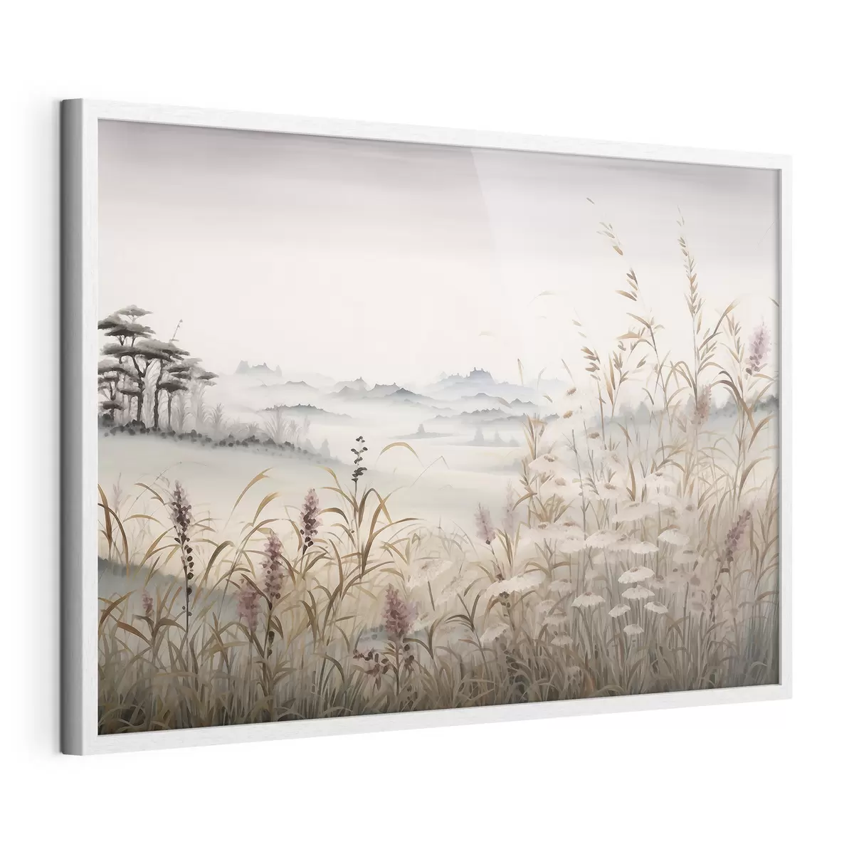 Poster Nebelverhangene Landschaft mit Gräsern f48481