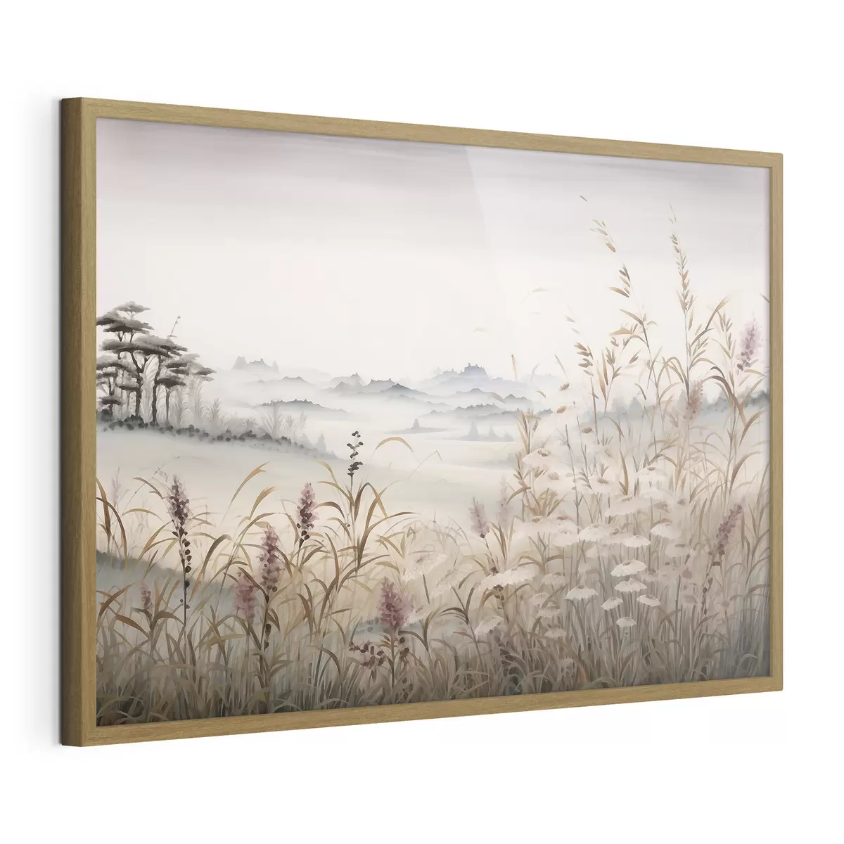 Poster Nebelverhangene Landschaft mit Gräsern f48481