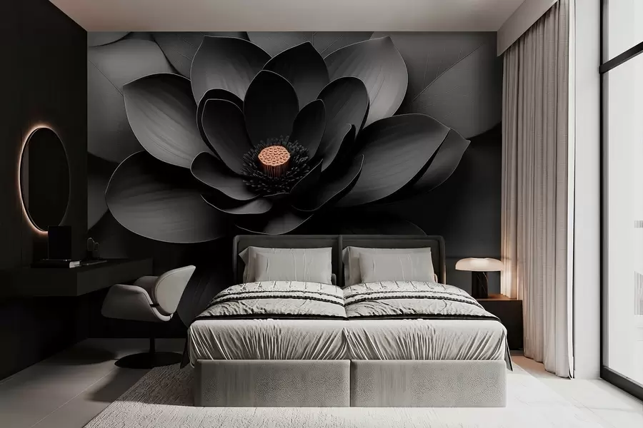 Fototapete Minimalistische schwarze Blume mit Blütenblättern und einem kontrastierenden, warmen Blütenkern w09721
