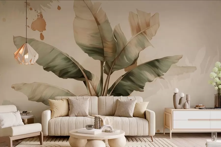 Fototapete ein großes, malerisches Bündel Bananenblätter mit Spritzern im Retro-Stil  w05384