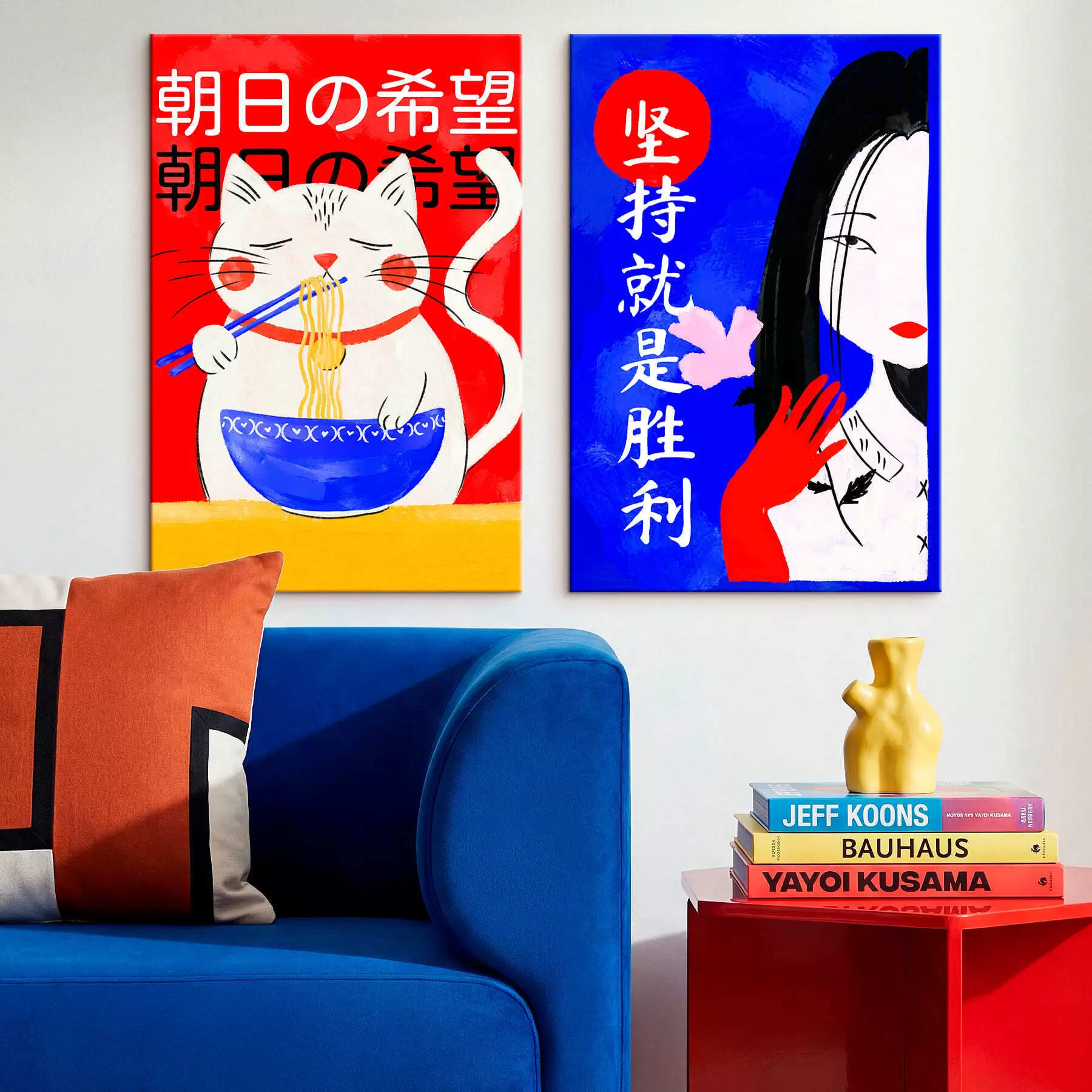 Fototapete Zweiteiliges Bild mit einer Katze und einem Frauenporträt im kühnen Stil m30233