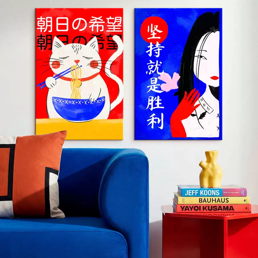 Fototapete Zweiteiliges Bild mit einer Katze und einem Frauenporträt im kühnen Stil m30233