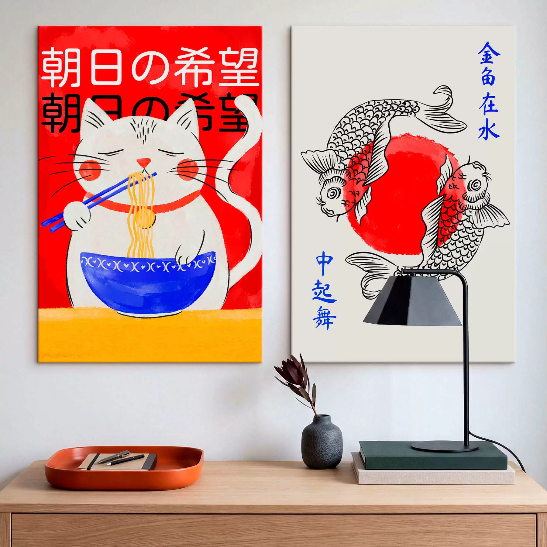 Fototapete Zweiteiliges Bild mit Frauenporträt und dekorativen Fischen m30234