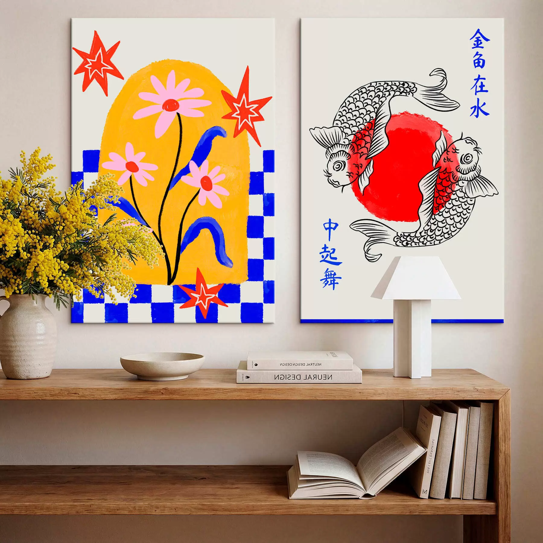 Fototapete Zweiteiliges Bild mit einer Katze und zwei Fischen in Rot- und Weißtönen m30235