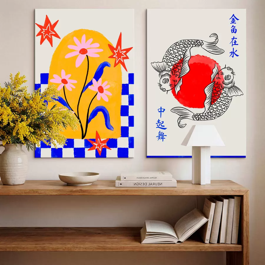 Fototapete Zweiteiliges Bild mit einer Katze und zwei Fischen in Rot- und Weißtönen m30235