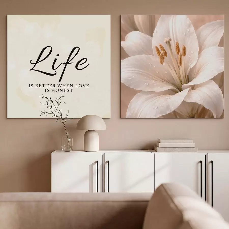 Fototapete Diptychon mit „Life“-Schriftzug und Nahaufnahme einer weißen Blume m30237