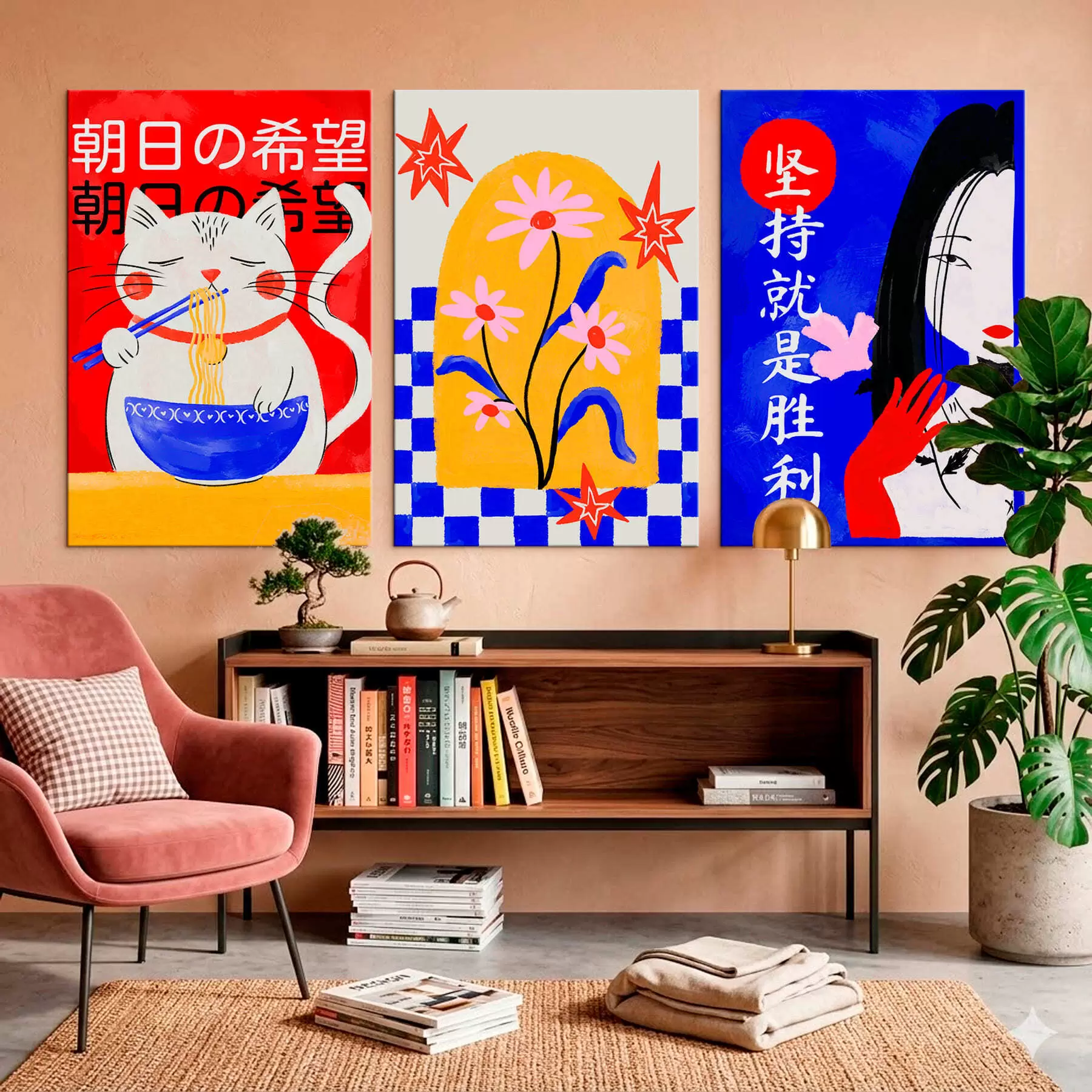 Fototapete Dreiteiliges Bild mit Katze, Fisch und Frauenporträt m30240