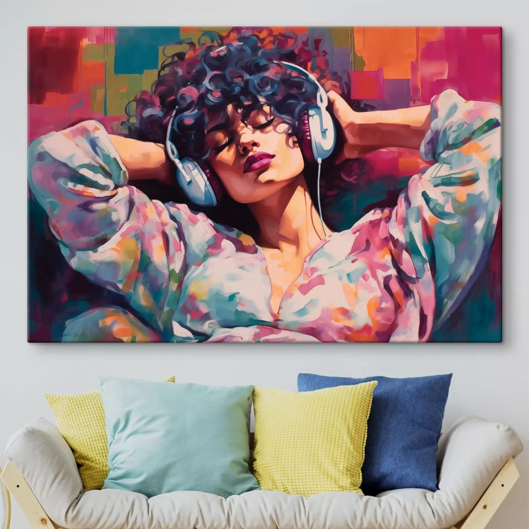 Fototapete Frau mit Kopfhörern im farbenfrohen Malstil s48335