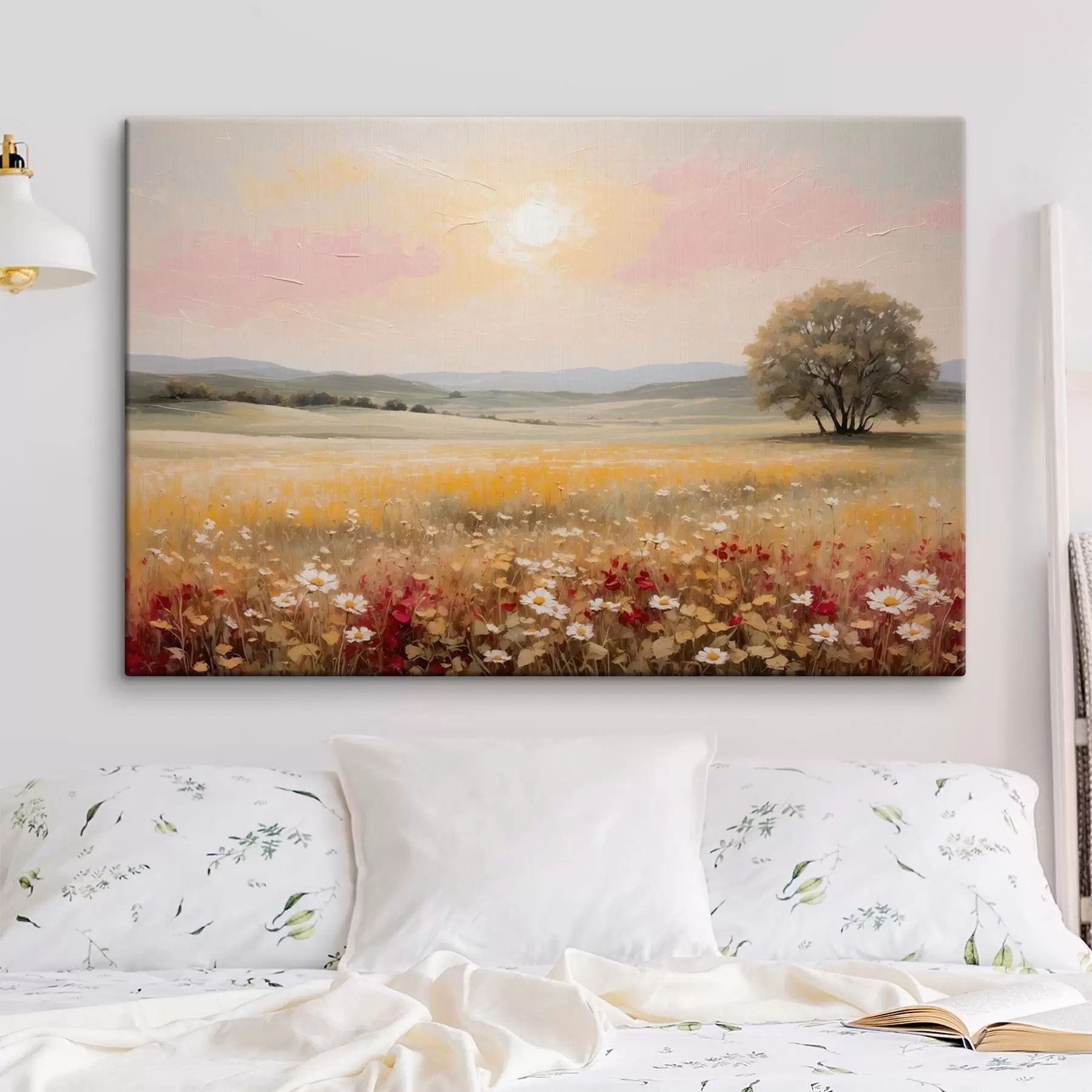 Fototapete Landschaft mit Blumenfeld und Baum am Horizont s48355