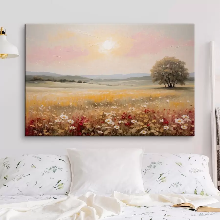 Fototapete Landschaft mit Blumenfeld und Baum am Horizont s48355