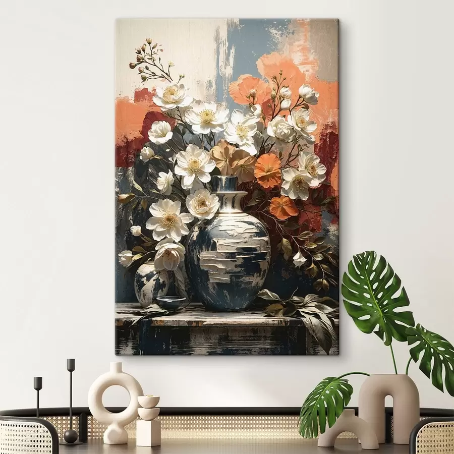 Fototapete Blumen in Vasen vor einer strukturierten Wand s48360