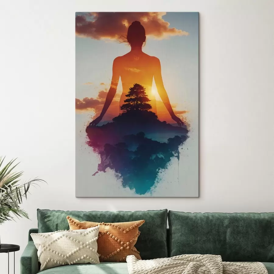 Fototapete Menschliche Silhouette vor einer Landschaft bei Sonnenuntergang s48364