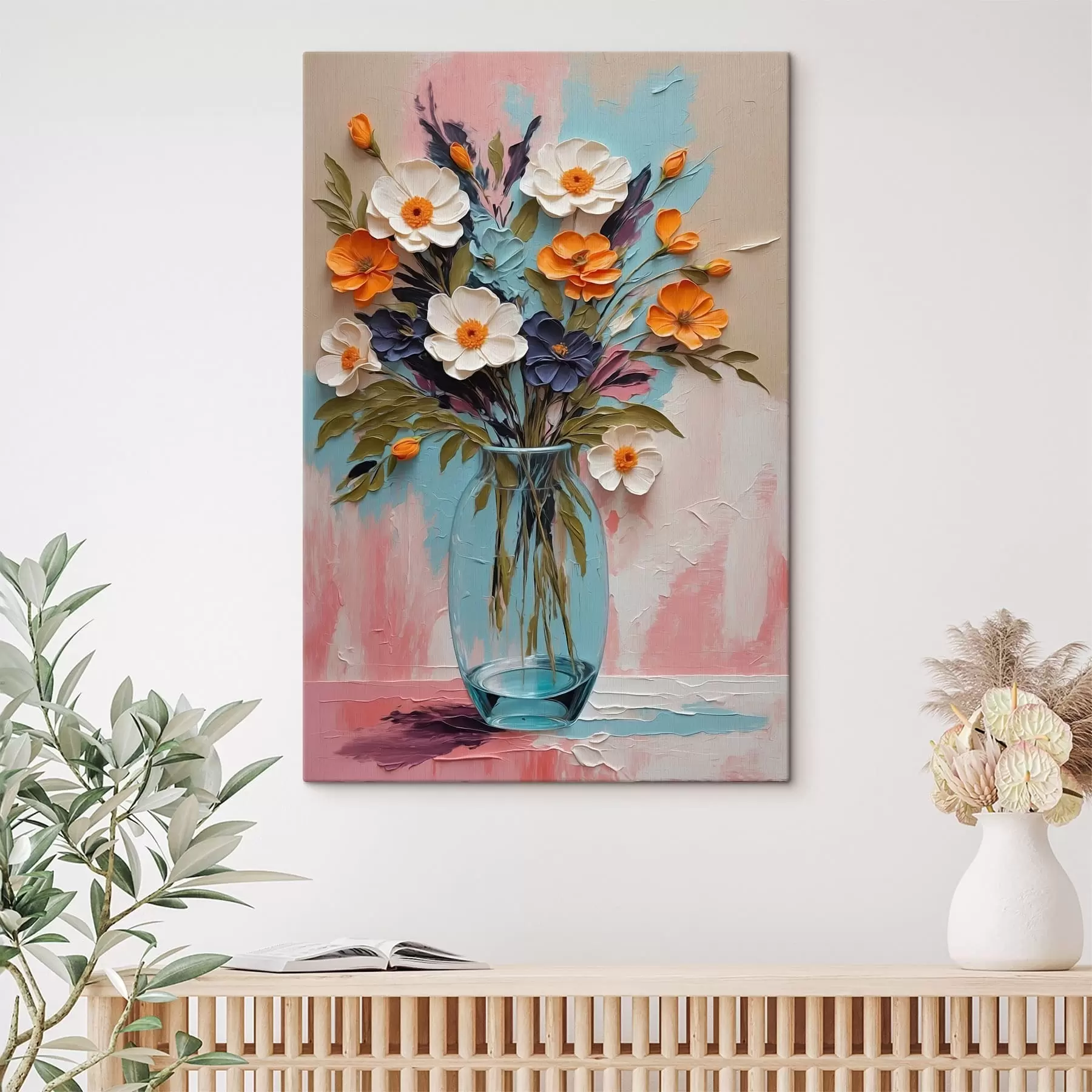 Fototapete Blumenstrauß in einer Glasvase vor einem bunten Hintergrund s48488