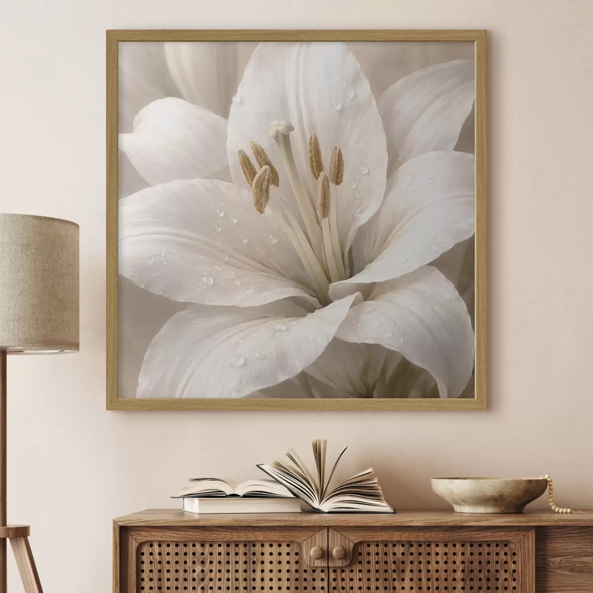 Poster Nahaufnahme einer weißen Blume mit Wassertropfen f48028