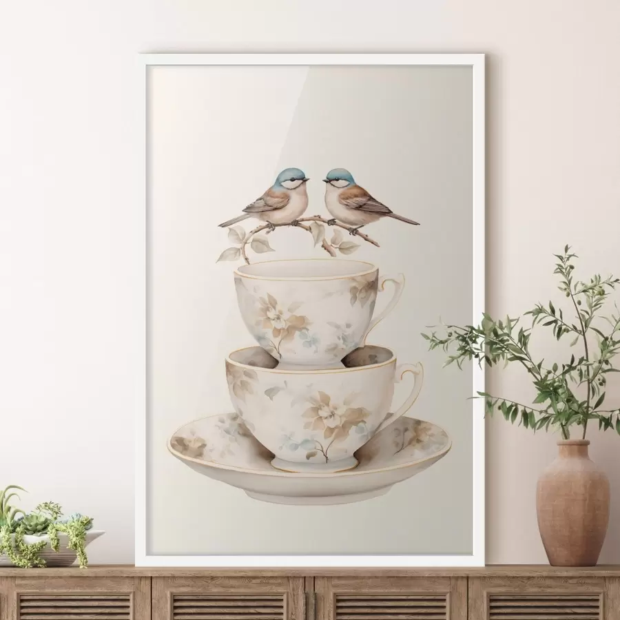 Fototapete Zwei Vögel auf einem Ast über Teetassen f48347