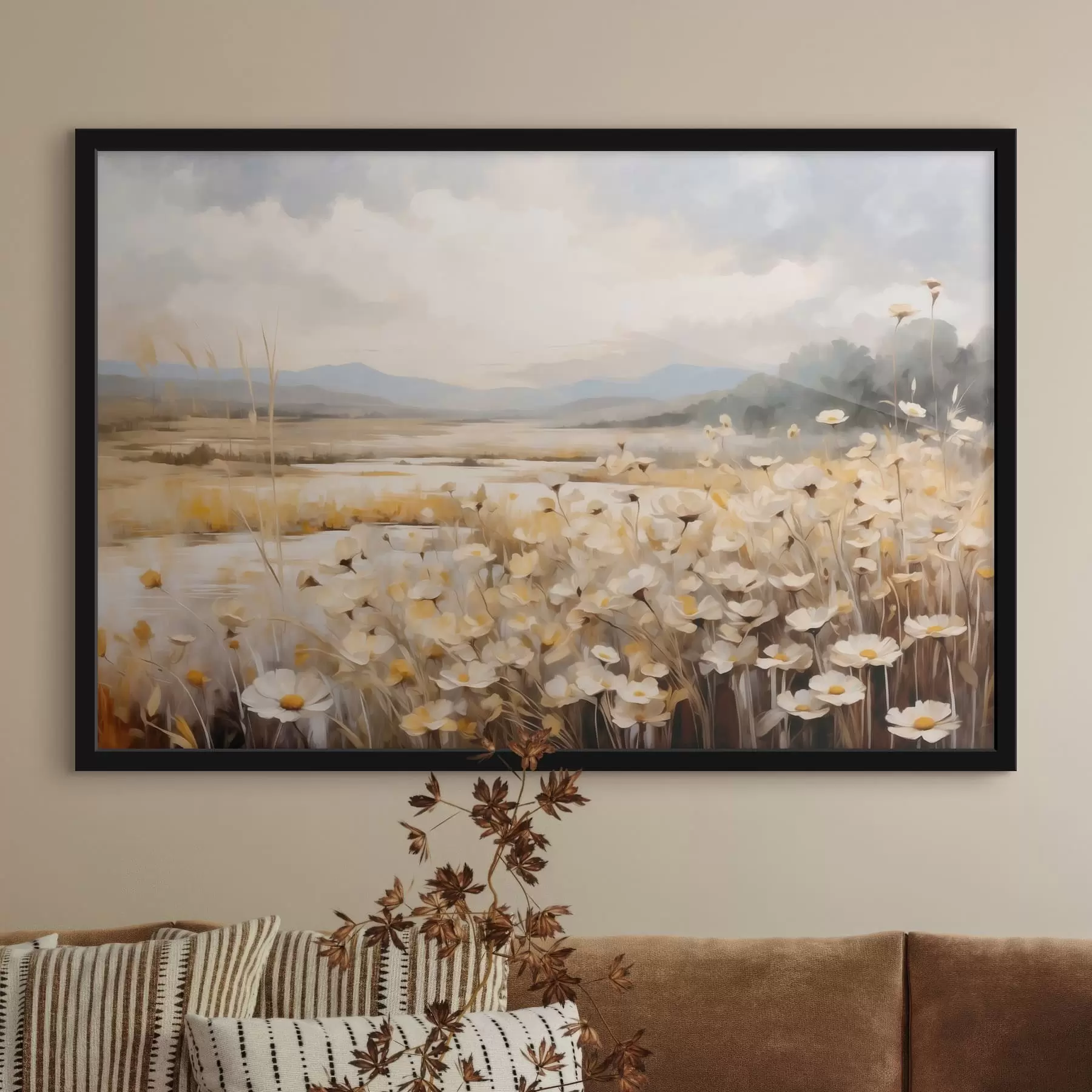 Fototapete Wiesenblumen am Wasser in sanftem, malerischem Stil f48354