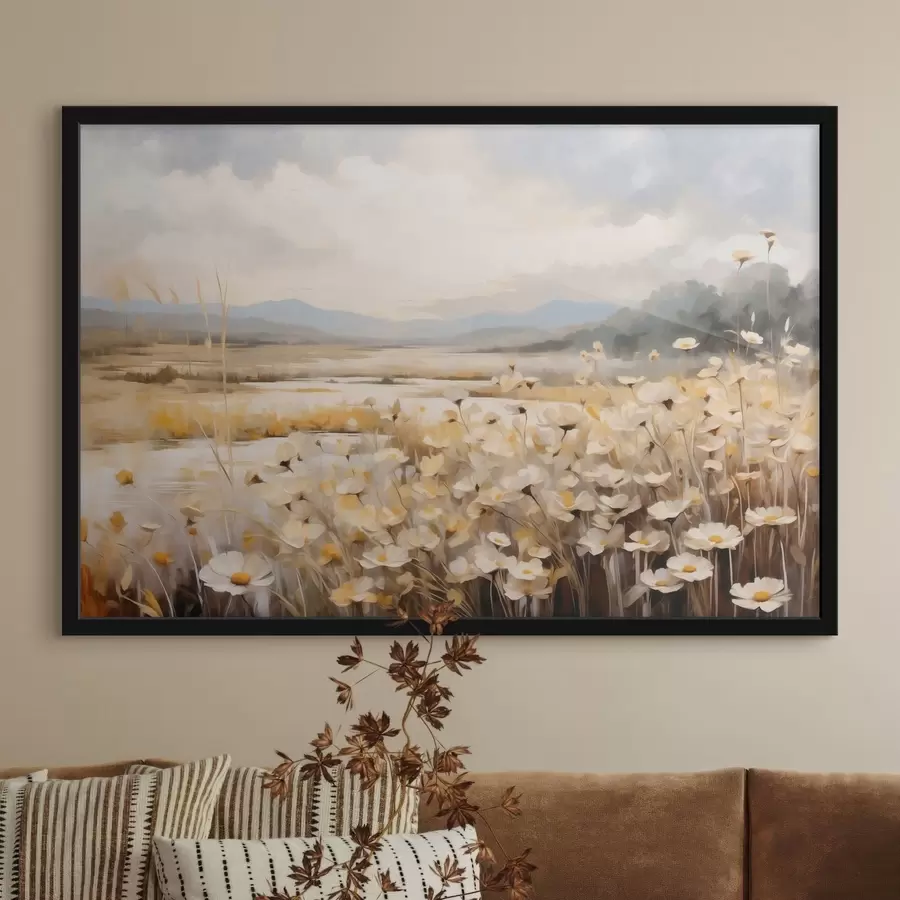 Fototapete Wiesenblumen am Wasser in sanftem, malerischem Stil f48354