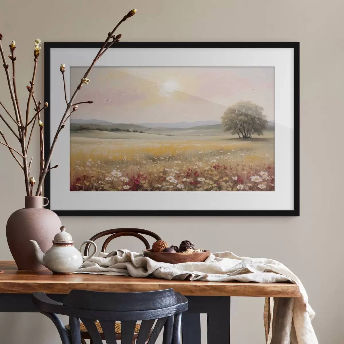 Poster Landschaft mit Blumenfeld und Baum am Horizont f48355