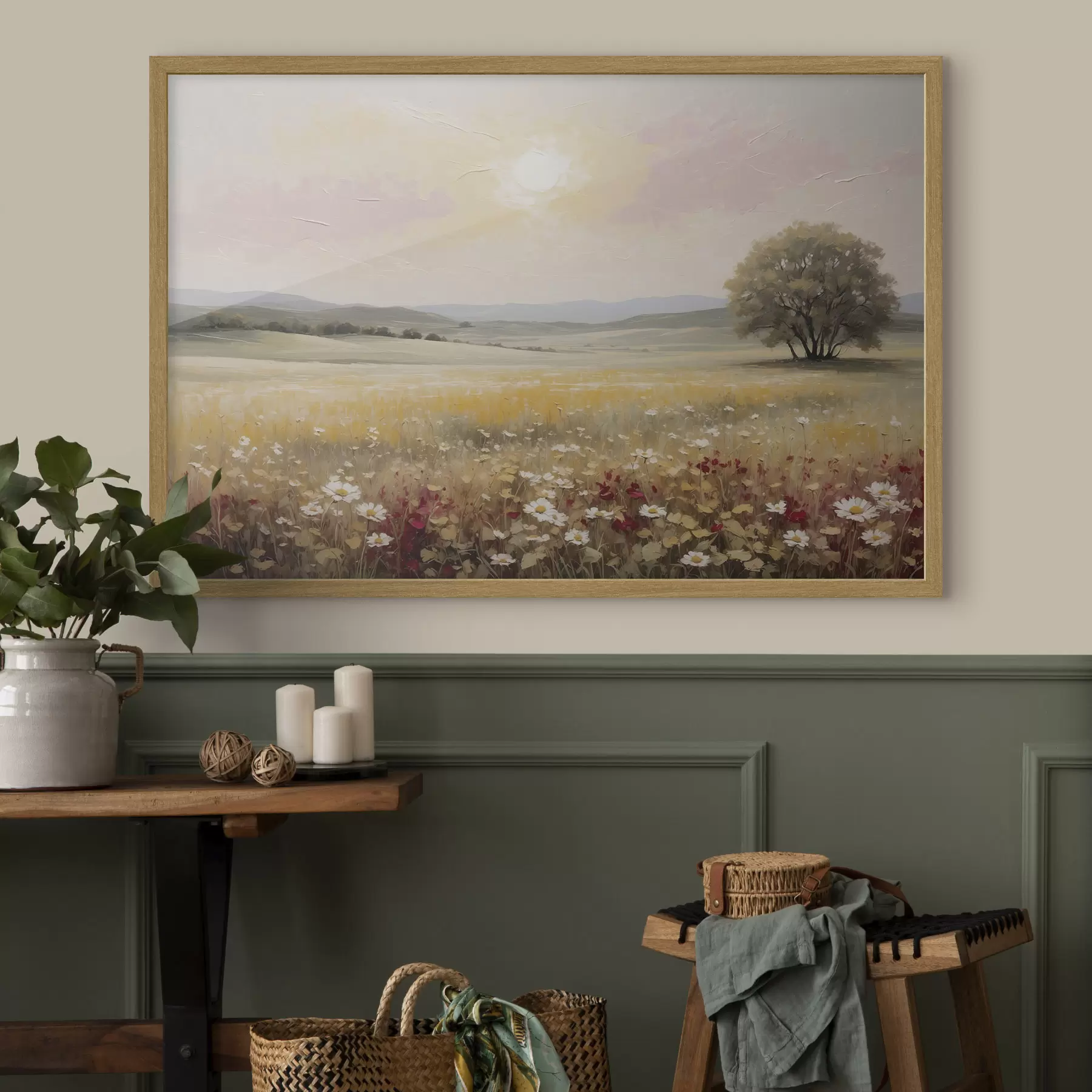Fototapete Landschaft mit Blumenfeld und Baum am Horizont f48355