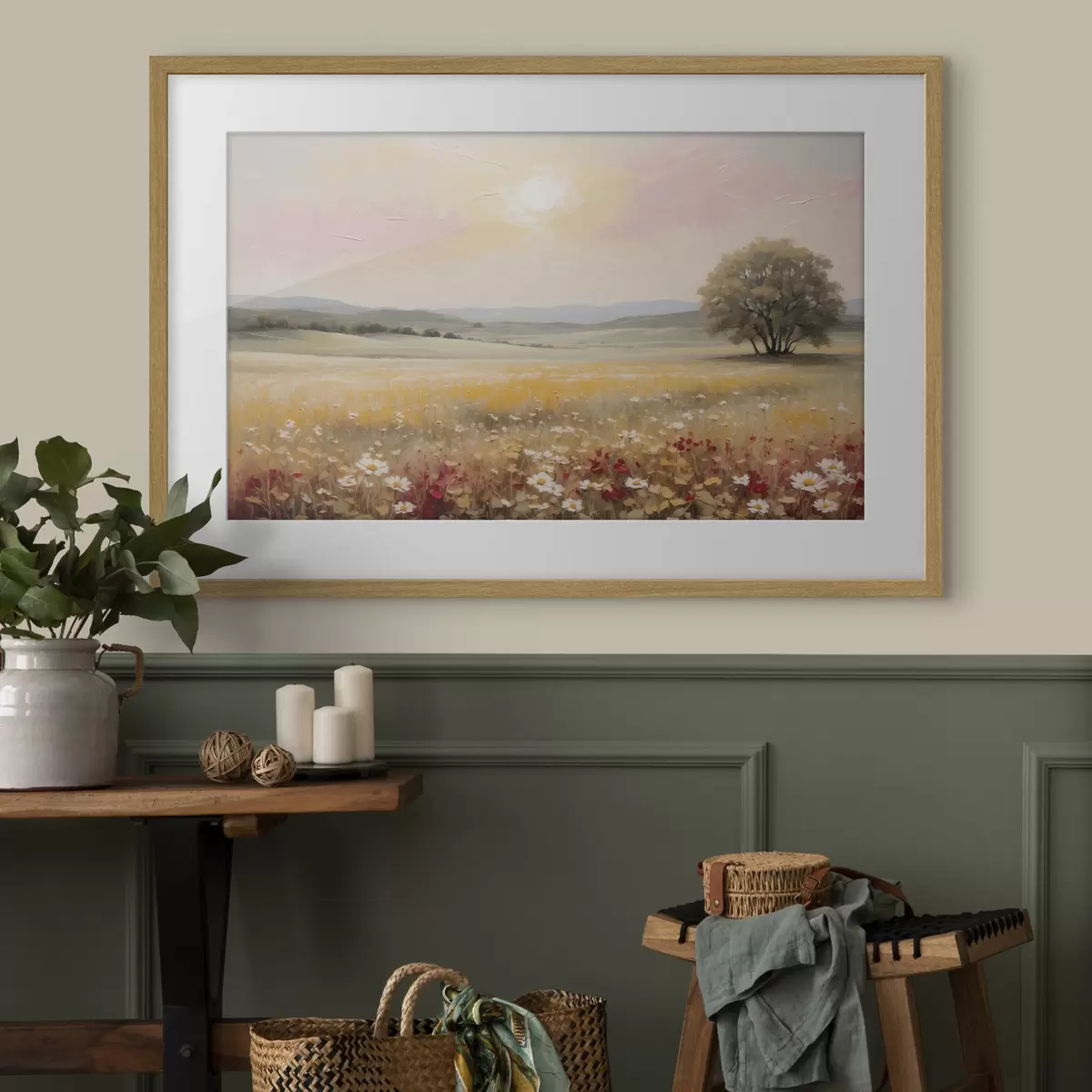 Poster Landschaft mit Blumenfeld und Baum am Horizont f48355