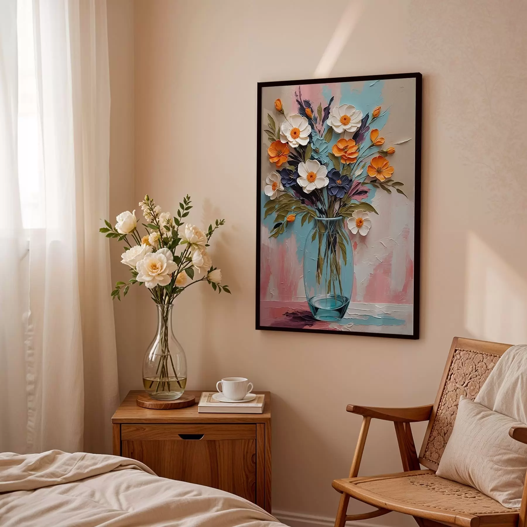 Fototapete Blumenstrauß in einer Glasvase vor einem bunten Hintergrund f48488