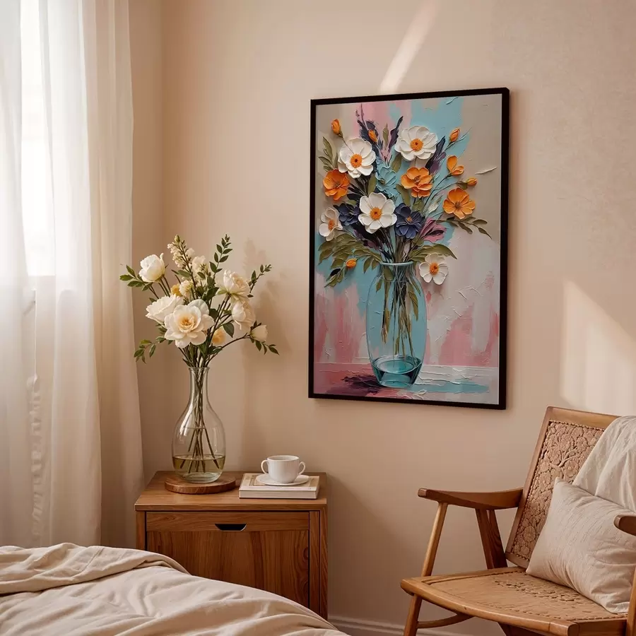 Fototapete Blumenstrauß in einer Glasvase vor einem bunten Hintergrund f48488