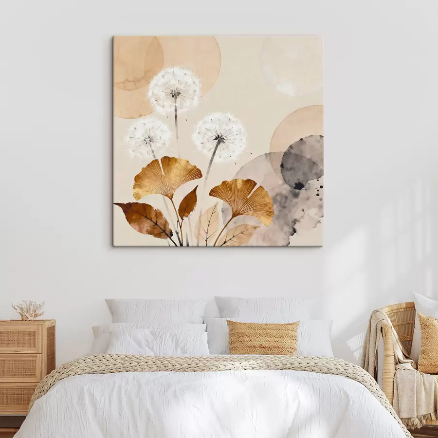 Fototapete Abstrakte Darstellungen von Löwenzahn und Ginkgoblättern s48279