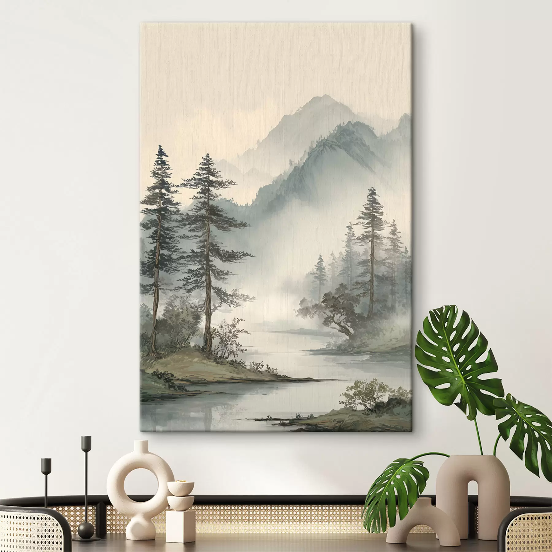 Fototapete eine Berglandschaft mit Kiefern und einem Fluss s48532