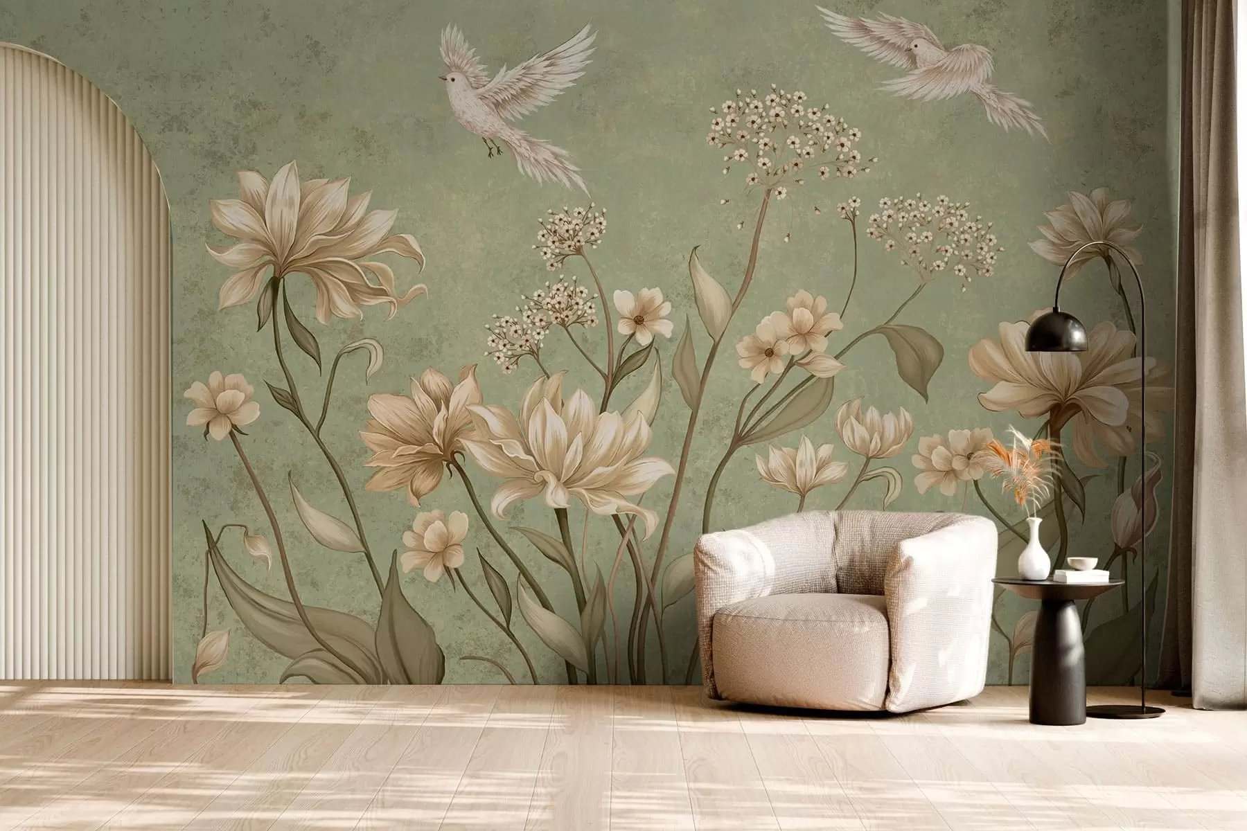 Fototapete Blumen und Vögel auf grünem, strukturiertem Hintergrund w05118v1