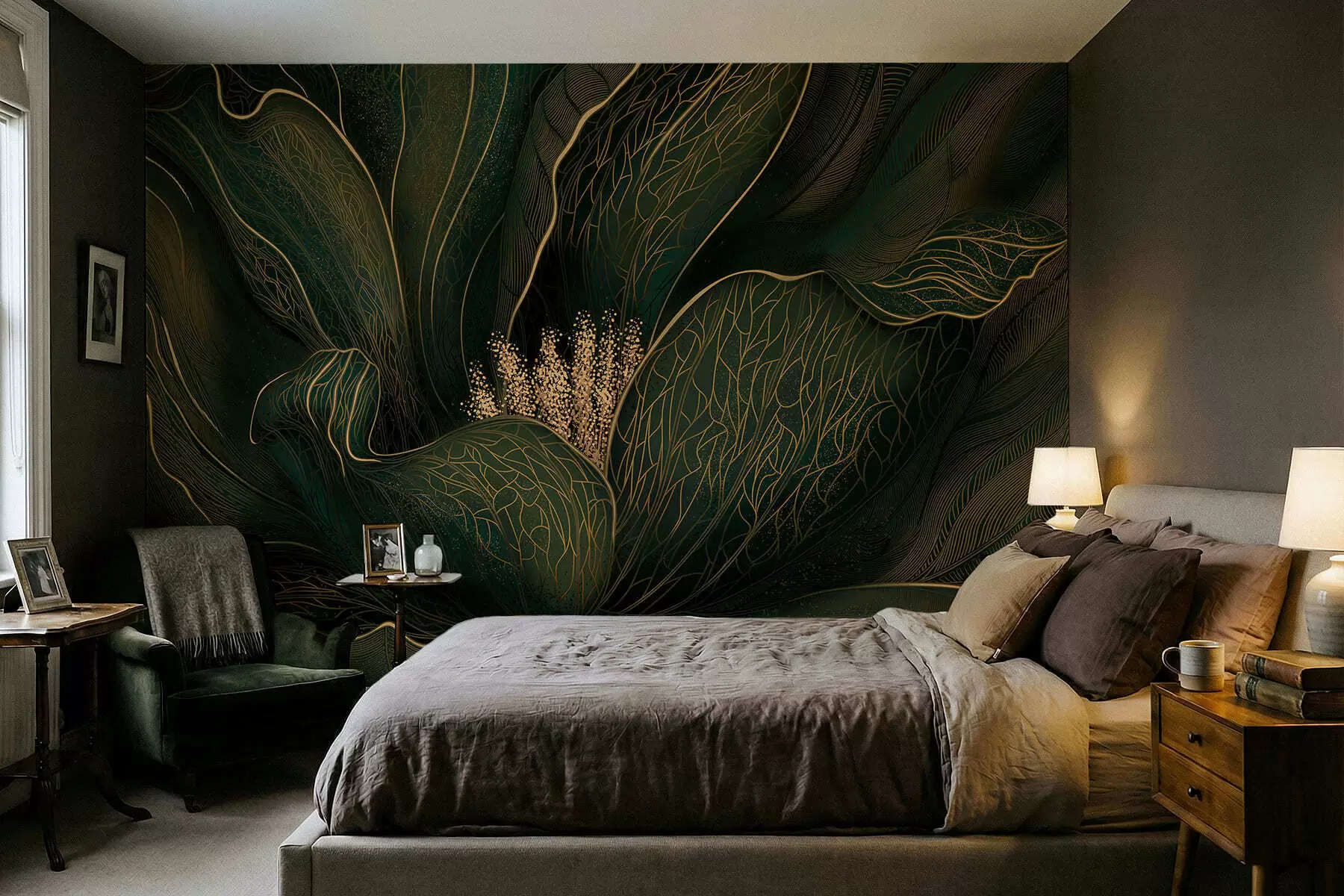 Fototapete Dunkelgrüne abstrakte Blume mit feinen Linien w05119v1