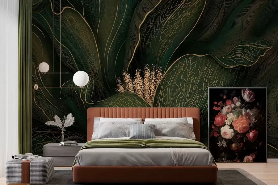 Fototapete Dunkelgrüne abstrakte Blume mit feinen Linien w05119v1