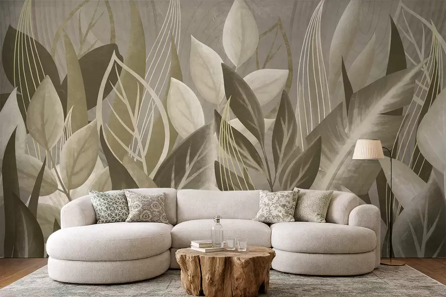 Fototapete Abstrakte Blätter in Beige- und Grüntönen w05148
