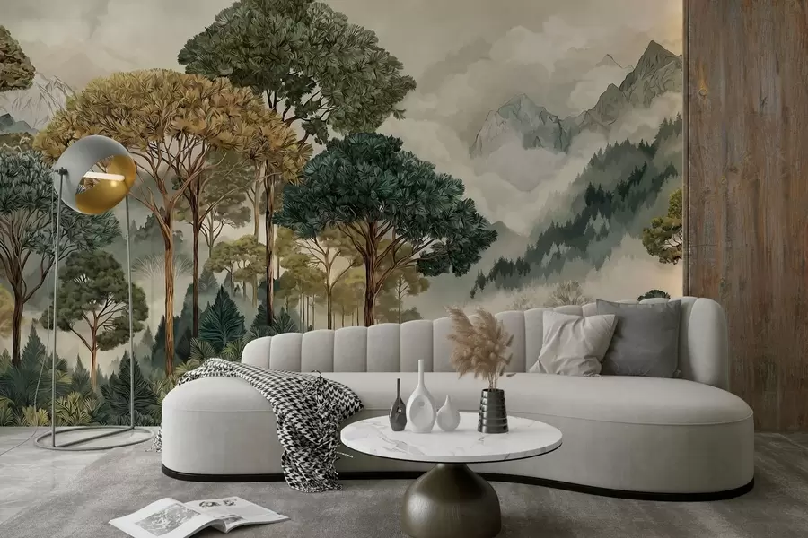 Fototapete Wald mit hohen Bäumen in nebligen Bergen w05410