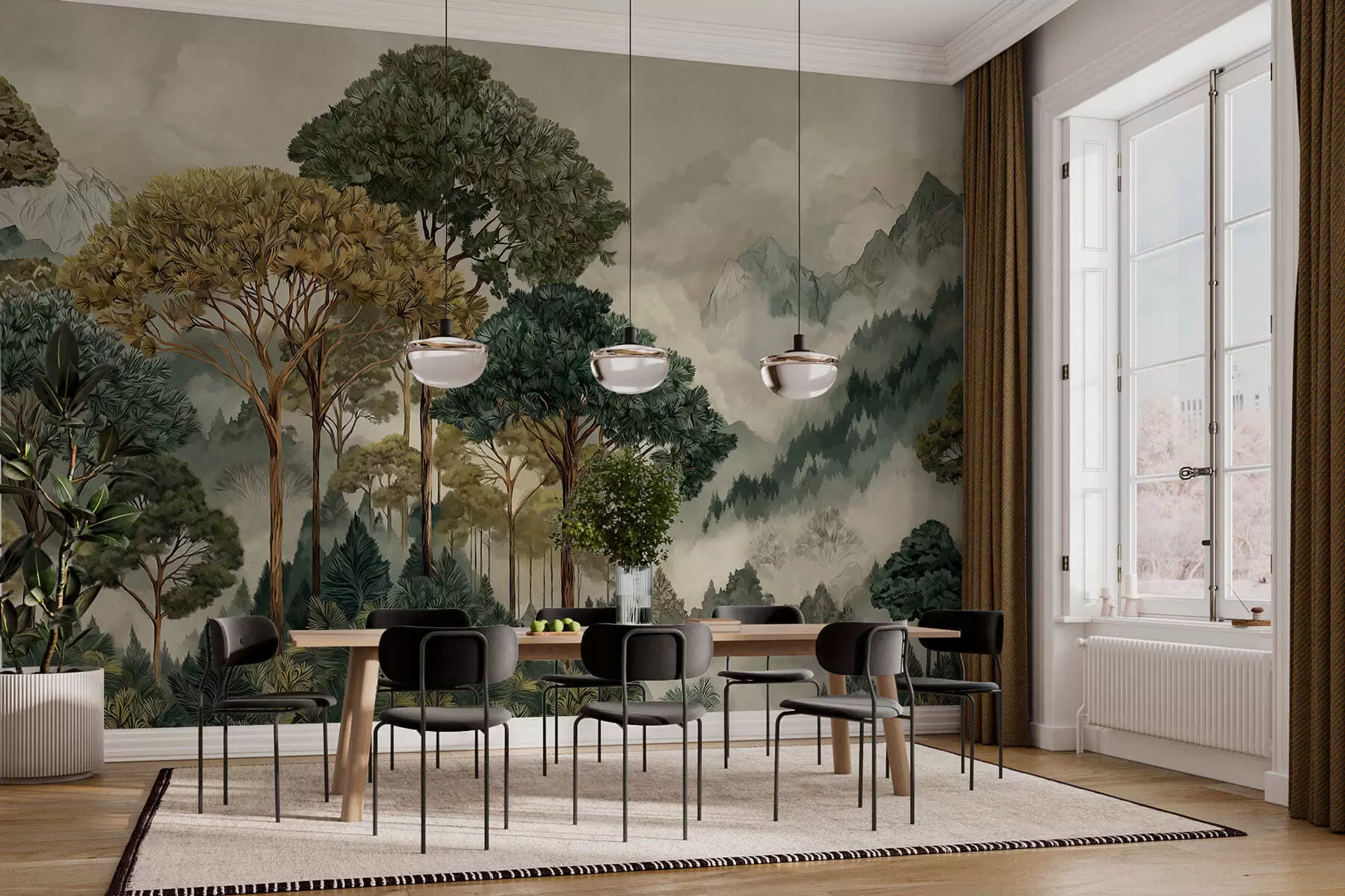 Fototapete Wald mit hohen Bäumen in nebligen Bergen w05410