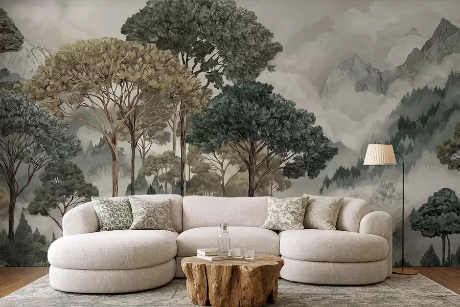 Fototapete Berglandschaft mit Wald in sanften Farbtönen w05410v1