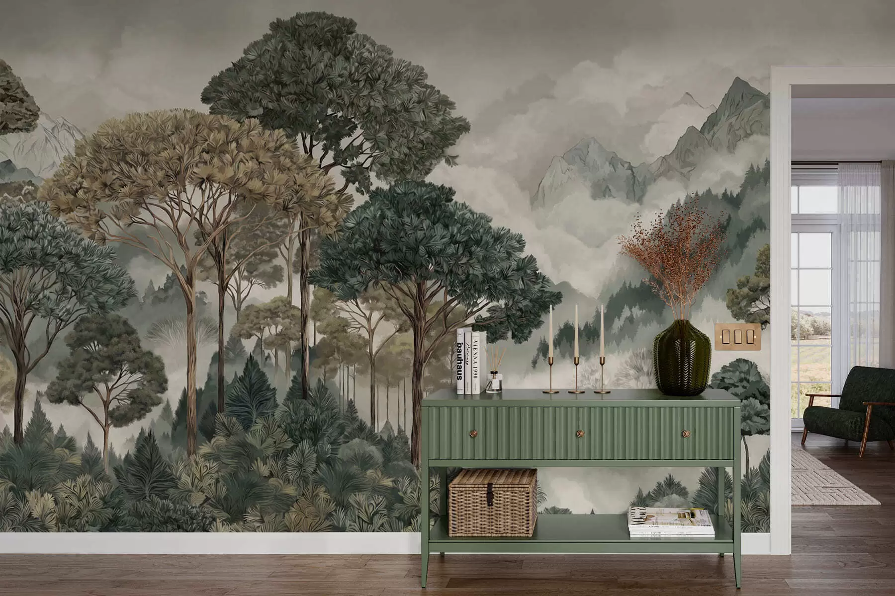 Fototapete Berglandschaft mit Wald in sanften Farbtönen w05410v1