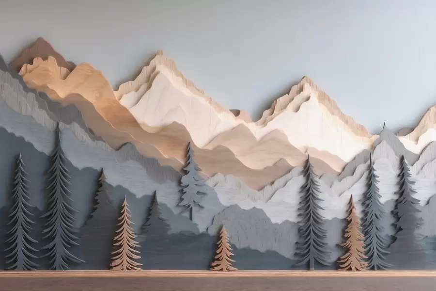 Fototapete Naturlandschaft mit Kiefern und Bergen im Holzschnitzstil w09793