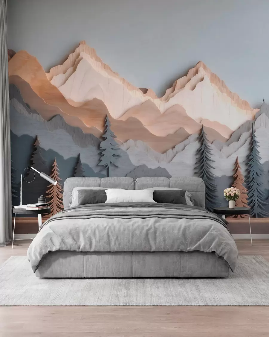 Fototapete Naturlandschaft mit Kiefern und Bergen im Holzschnitzstil w09793