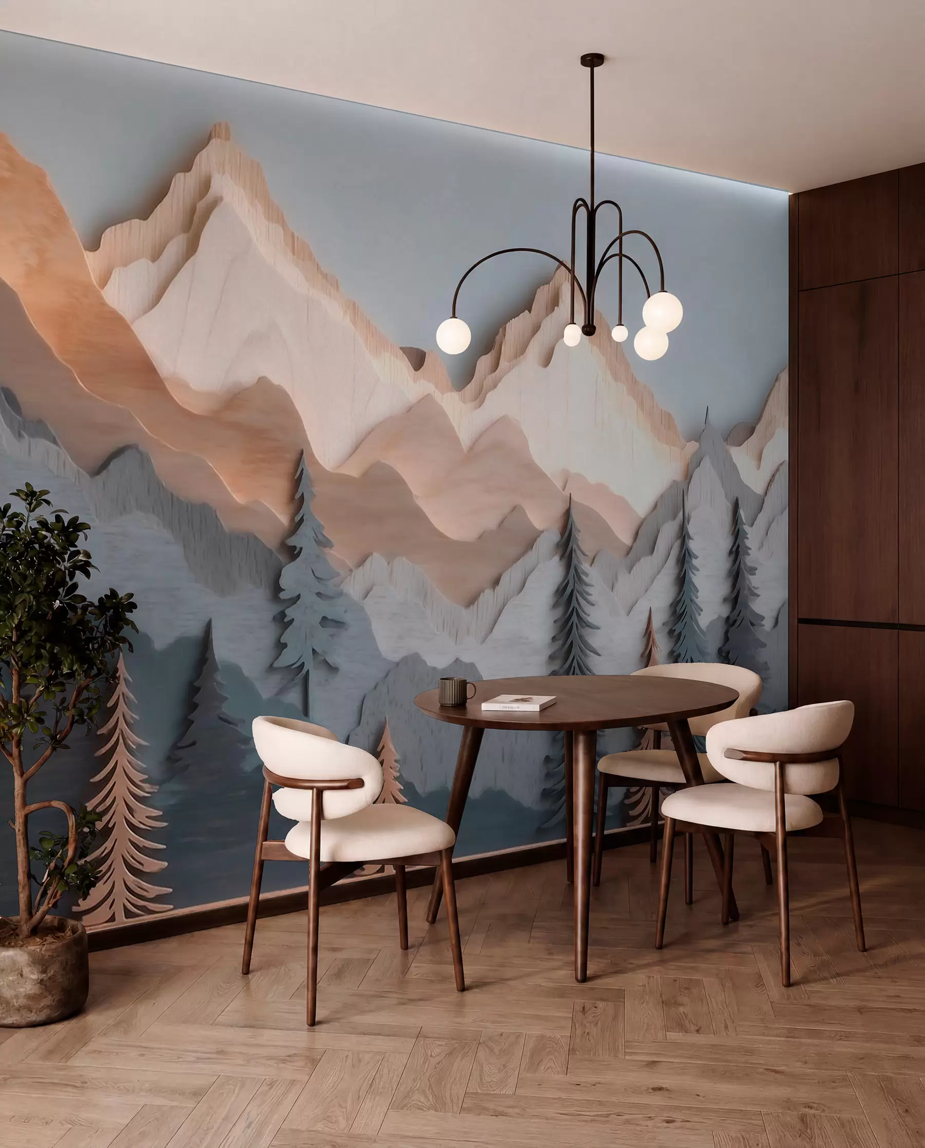 Fototapete Naturlandschaft mit Kiefern und Bergen im Holzschnitzstil w09793