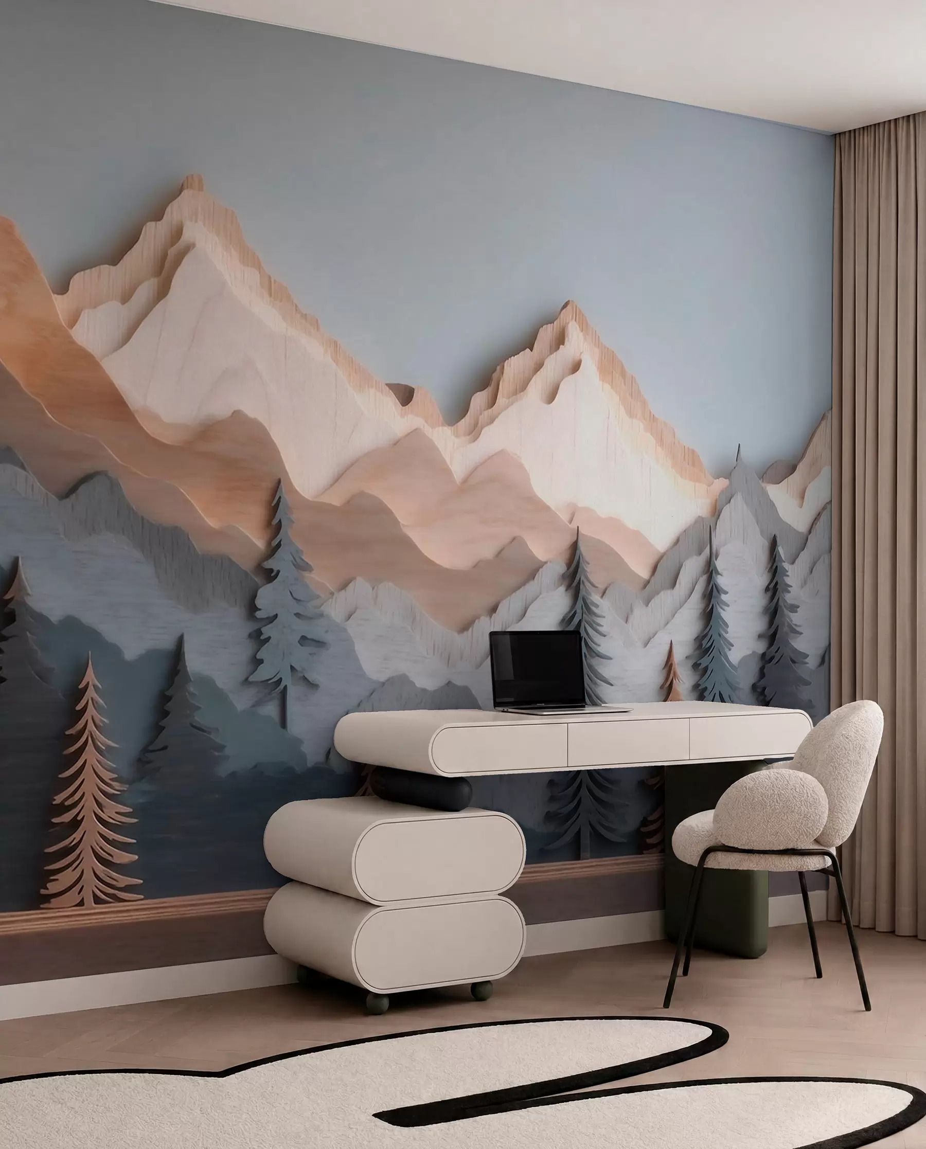 Fototapete Naturlandschaft mit Kiefern und Bergen im Holzschnitzstil w09793