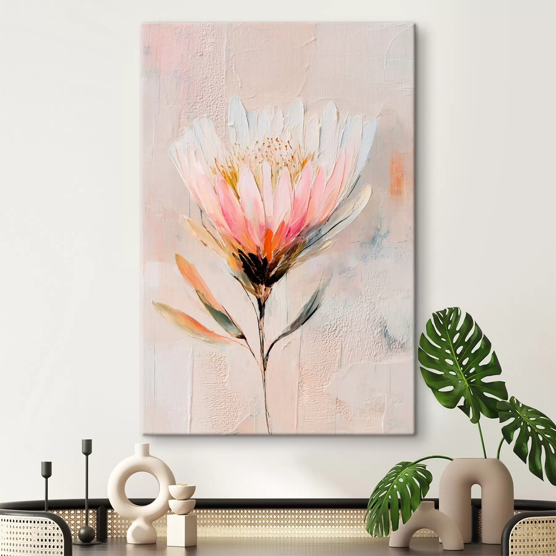 Fototapete Protea-Blüte in zarten Rosatönen im Ölgemälde-Stil s48205