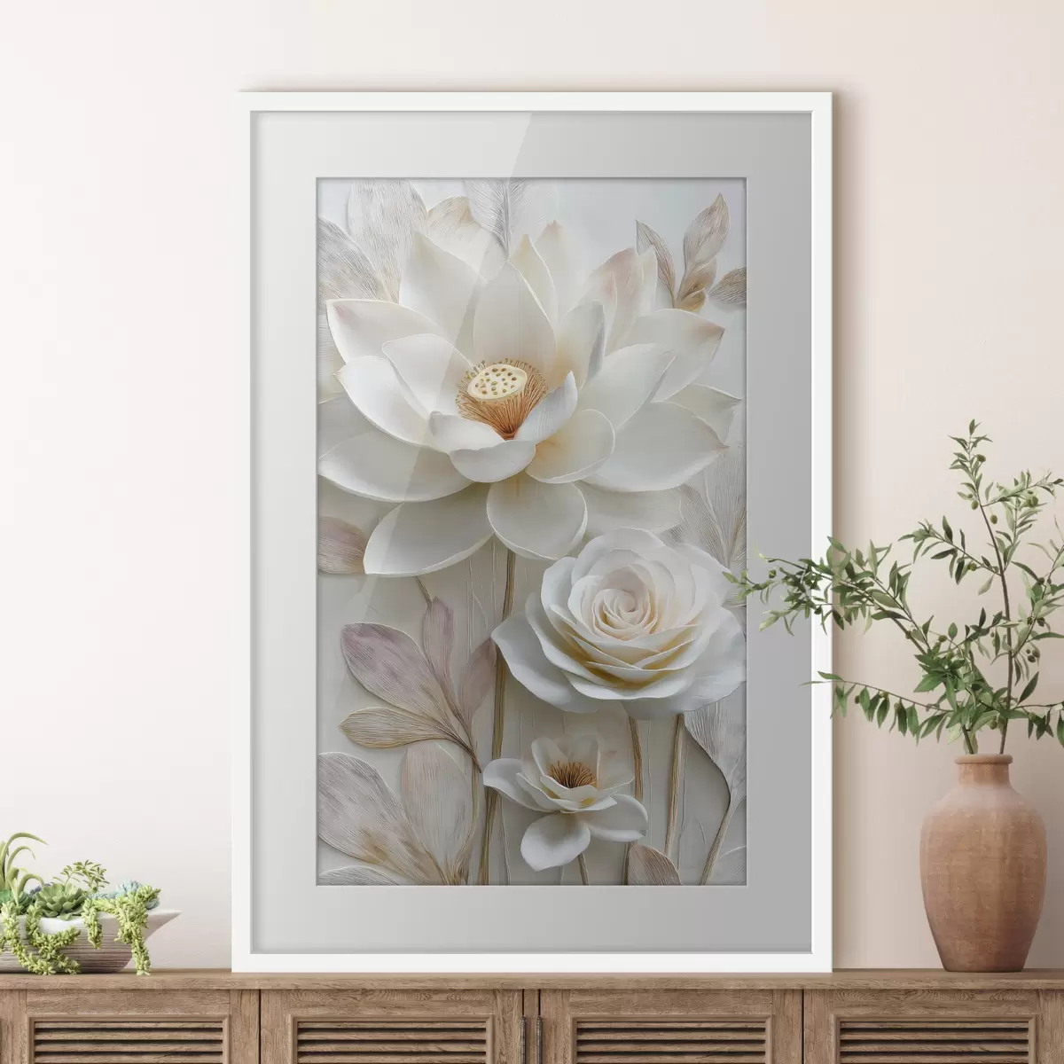 Poster Lotus- und Rosenblüten in zarten Cremetönen im Ölgemälde-Stil f48214