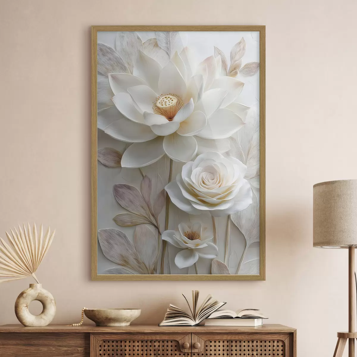 Poster Lotus- und Rosenblüten in zarten Cremetönen im Ölgemälde-Stil f48214