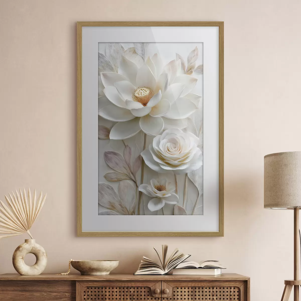 Poster Lotus- und Rosenblüten in zarten Cremetönen im Ölgemälde-Stil f48214